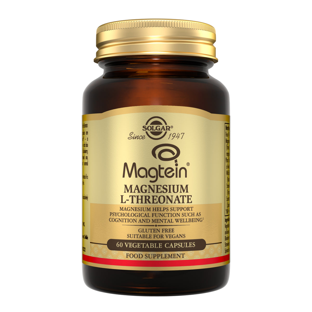 Solgar Magtein Magnesium L-Threonate food supplements in a glass bottle with a gold lid