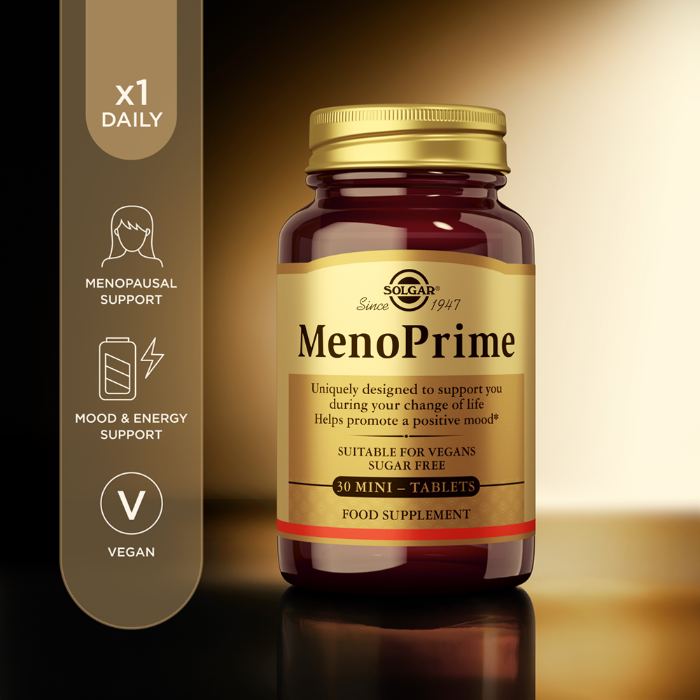 Solgar MenoPrime Menopause Tablets in a glass jar with a gold lid 