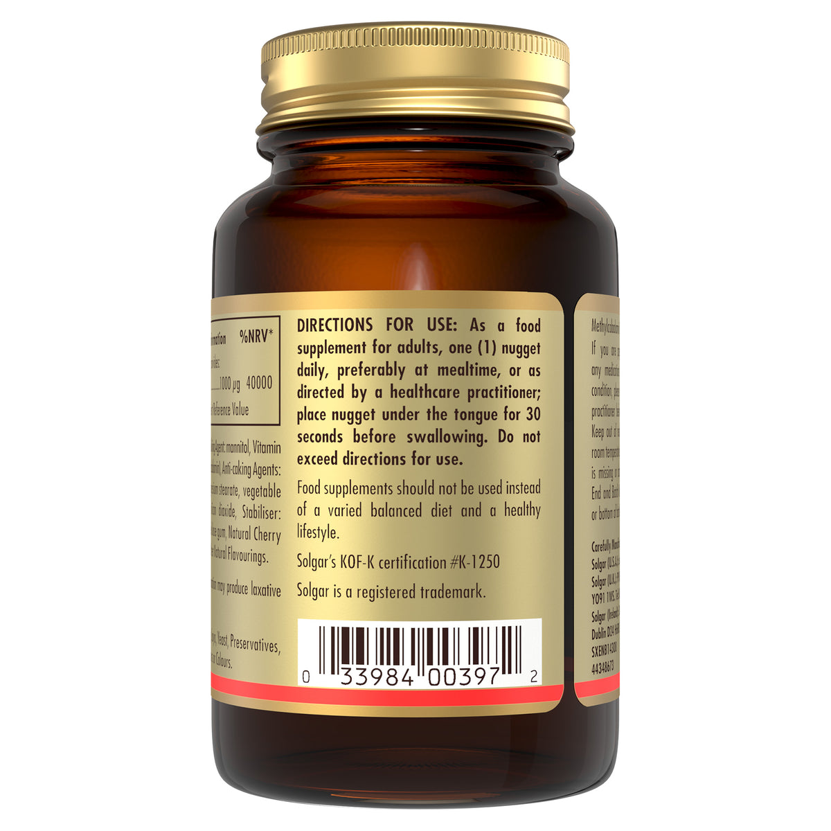 Directions for use on the Solgar Methylcobalamin vitamin B12 nuggets