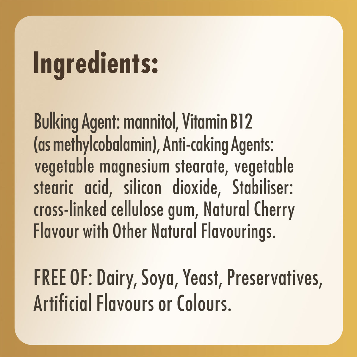 Ingredients label for a bottle of Solgar Methylcobalamin vitamin B12 nuggets