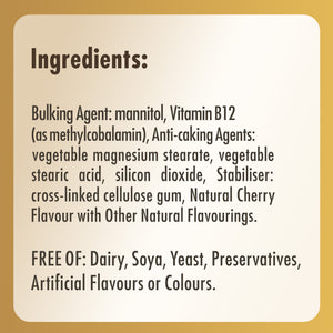 Ingredients label for a bottle of Solgar Methylcobalamin vitamin B12 nuggets