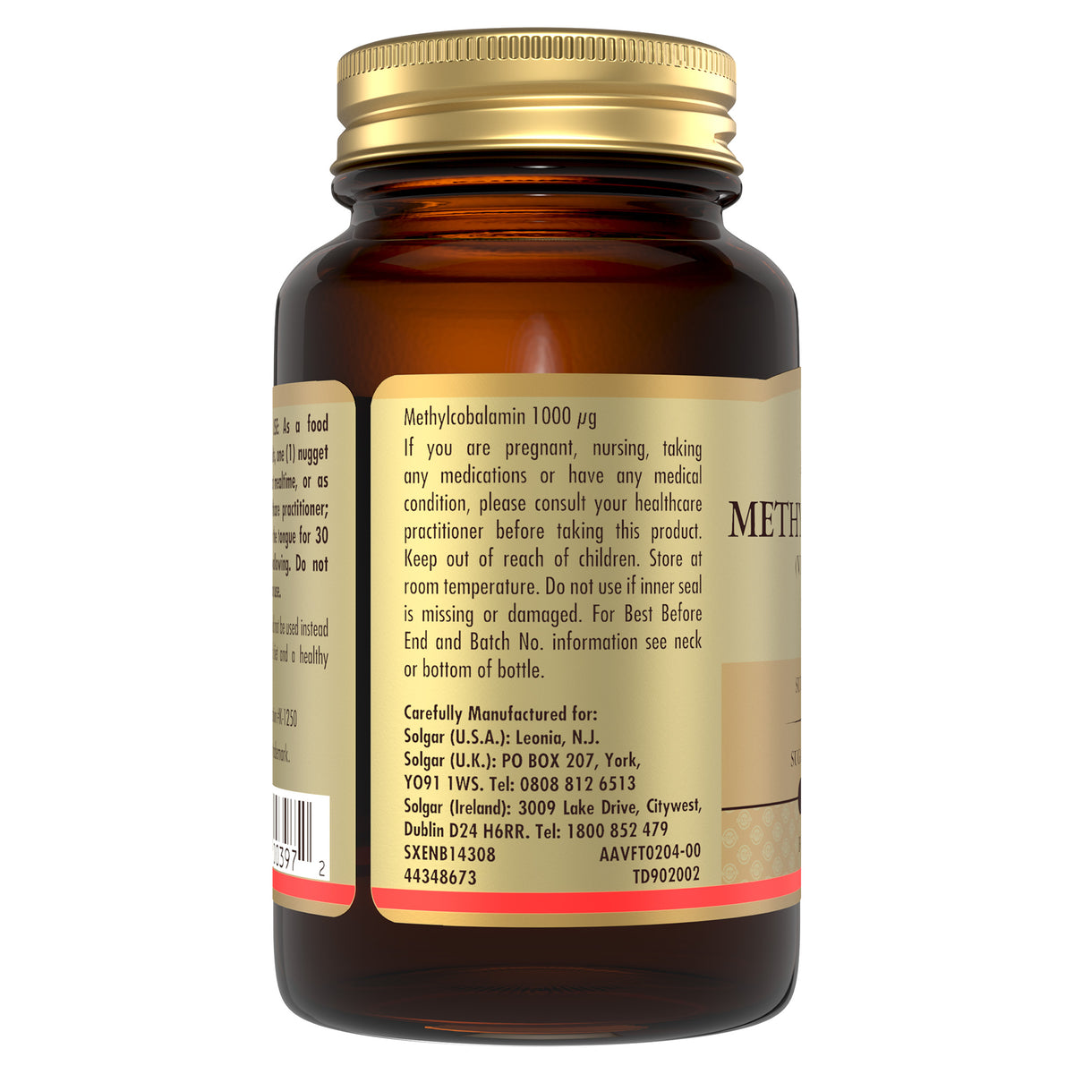 Side view of a glass jar of Solgar Methylcobalamin vitamin B12 nuggets