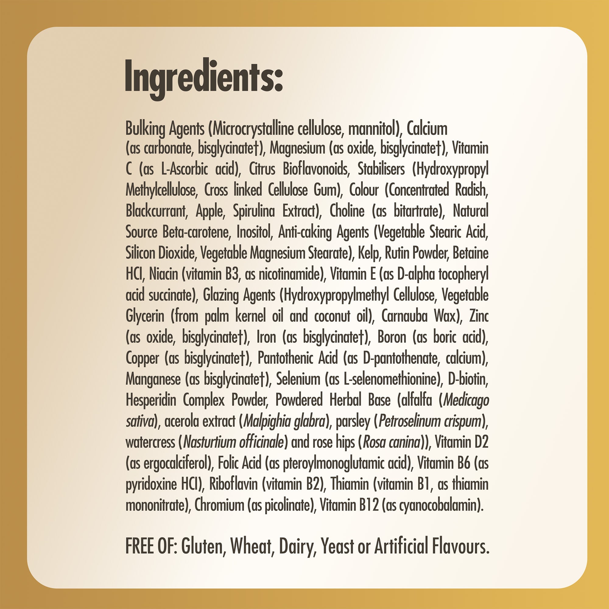 Ingredients list label for a bottle of Solgar multi one tablets
