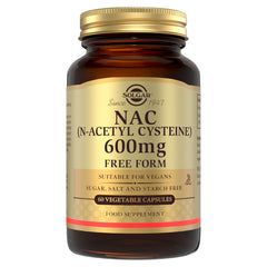 Solgar NAC (N-Acetyl Cysteine) 600mg supplements in a glass bottle with a gold lid