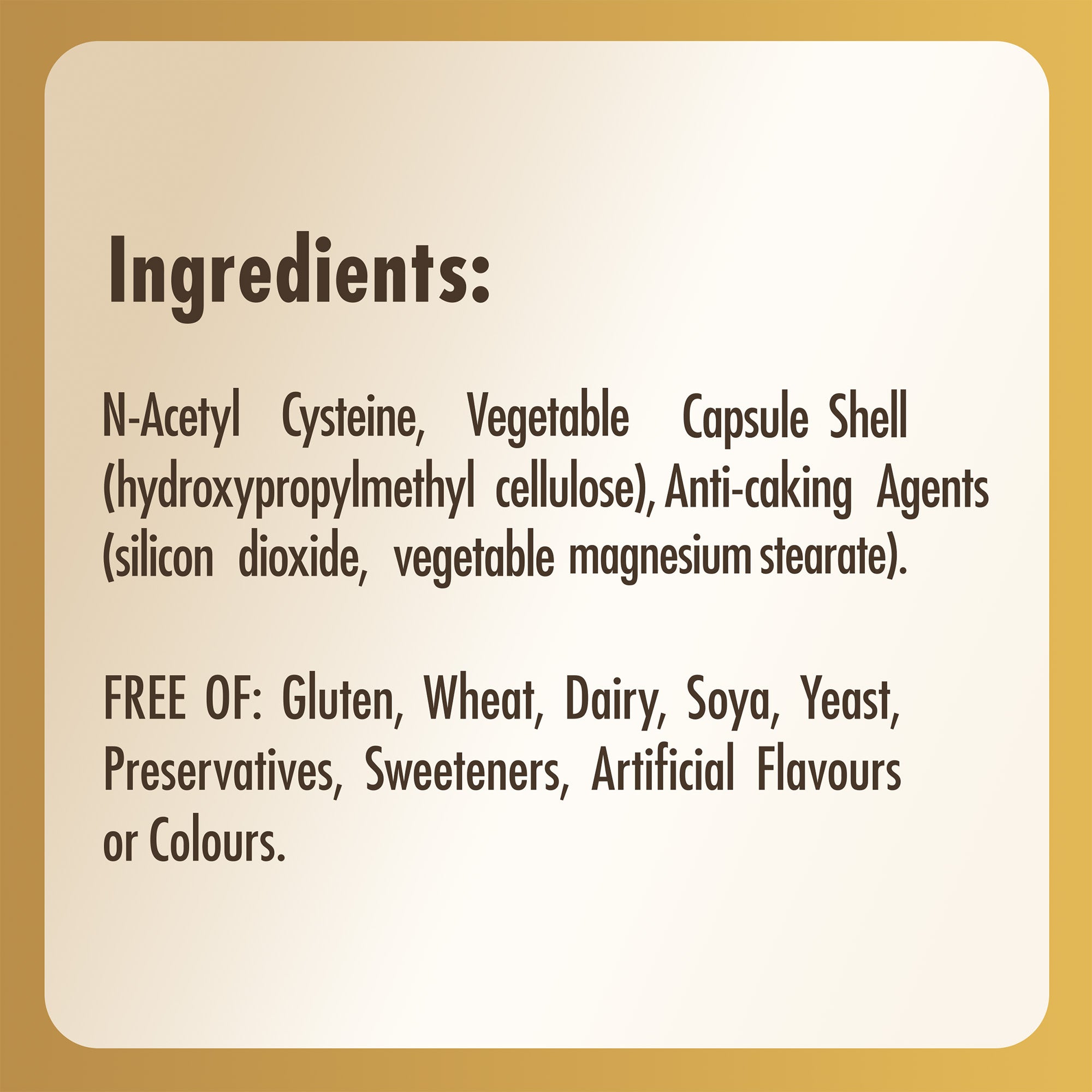 List of ingredients label on a bottle of Solgar NAC (N-Acetyl Cysteine) 600mg supplements