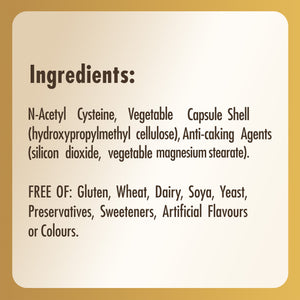 List of ingredients label on a bottle of Solgar NAC (N-Acetyl Cysteine) 600mg supplements