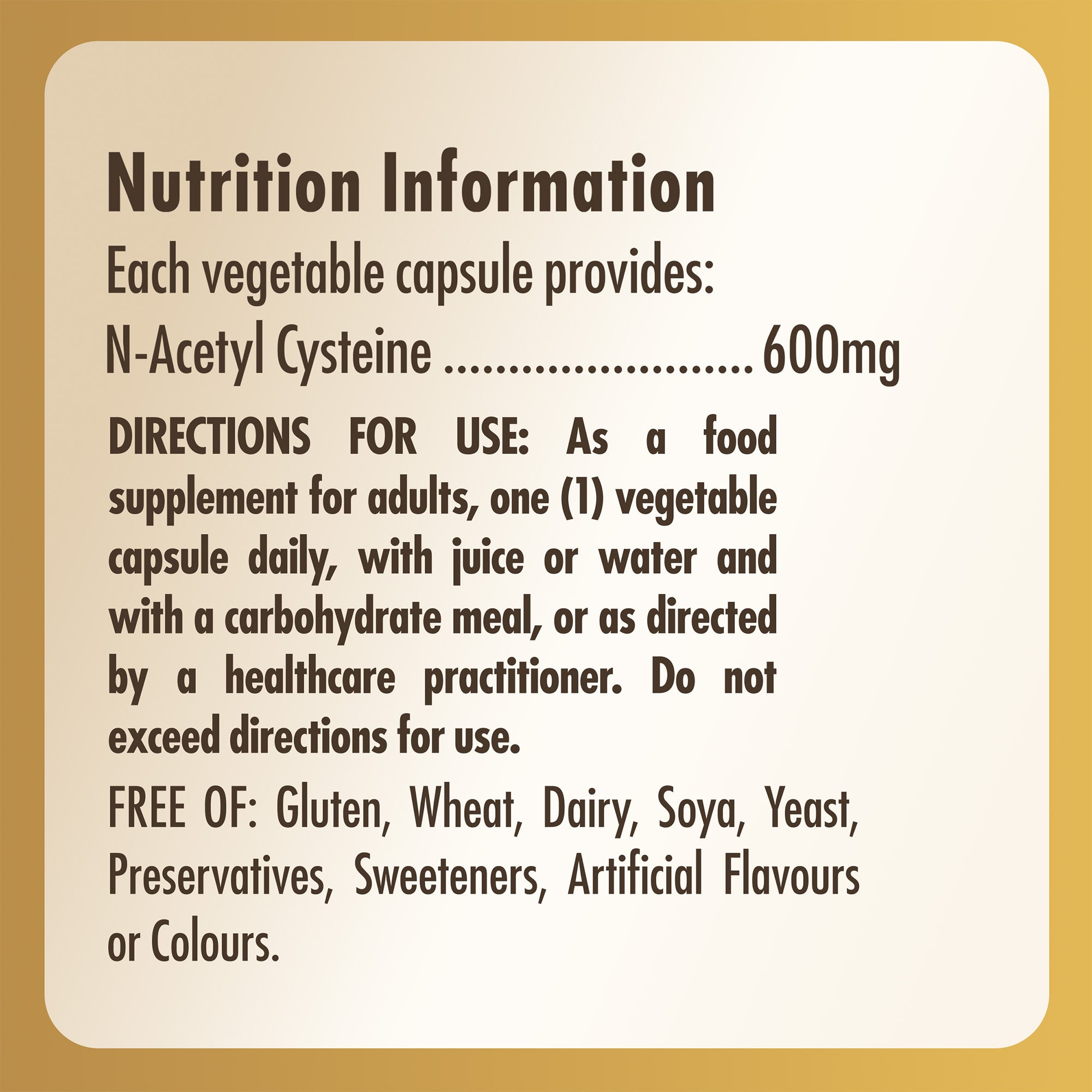 Nutrition information label on a bottle of Solgar NAC (N-Acetyl Cysteine) 600mg supplements