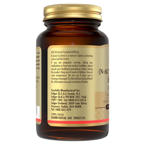 Side view of  bottle of Solgar NAC (N-Acetyl Cysteine) 600mg supplements containing product information