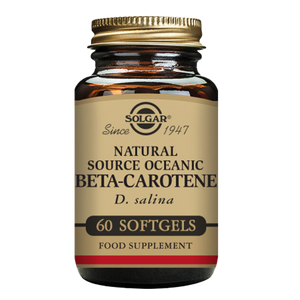 A glass bottle of Solgar Natural Source Oceanic Beta-Carotene Softgels containing 60 softgels