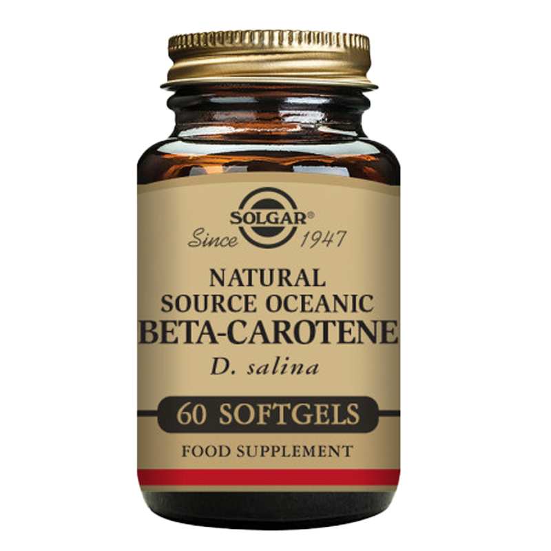 A glass bottle of Solgar Natural Source Oceanic Beta-Carotene Softgels containing 60 softgels