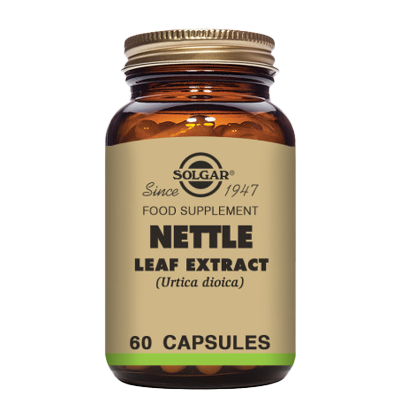 A glass bottle of Solgar Nettle Leaf Extract with 60 capsules