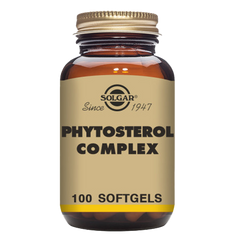 A glass bottle of Solgar Phytosterol Complex softgels containing 100 capsules.