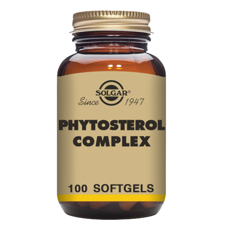A glass bottle of Solgar Phytosterol Complex softgels containing 100 capsules.