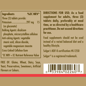 Directions for use and ingredients label for a bottle of Solgar Potassium tablets
