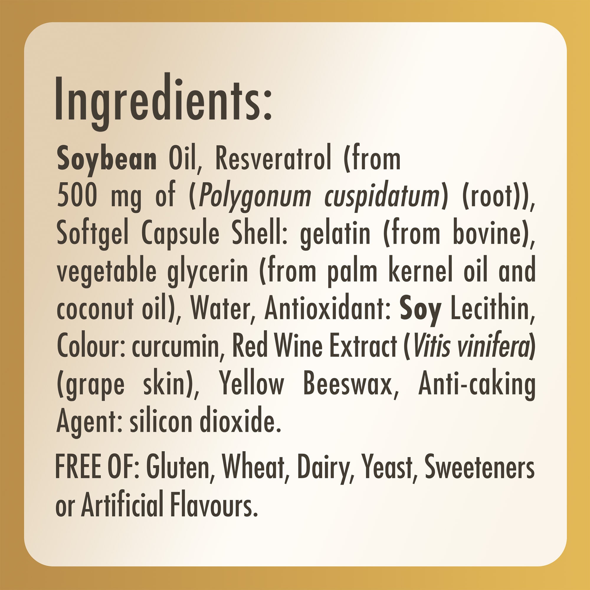 Ingredients list for a bottle of Solgar Resveratrol 250 mg Softgels