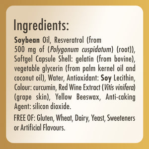 Ingredients list for a bottle of Solgar Resveratrol 250 mg Softgels