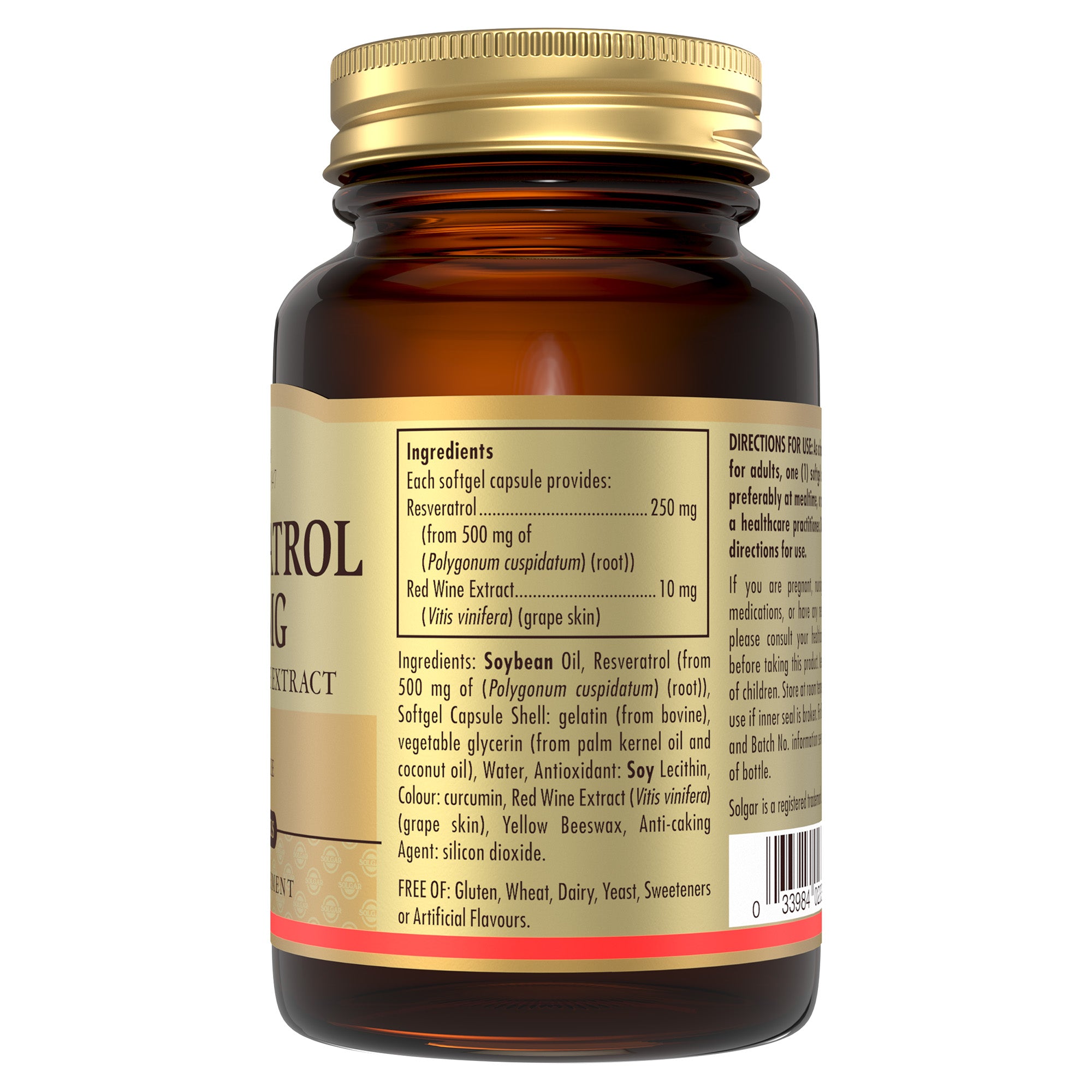 Ingredients label on a bottle of Solgar Resveratrol 250 mg Softgels
