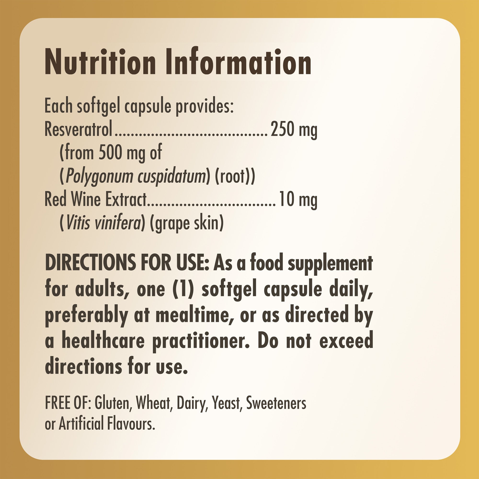 Nutrition information label for a bottle of Solgar Resveratrol 250 mg Softgels
