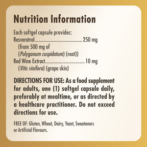 Nutrition information label for a bottle of Solgar Resveratrol 250 mg Softgels