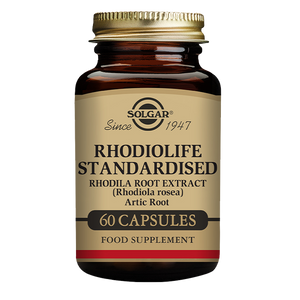 Solgar Rhodiola Root Extract vegetable capsules in a glass bottle with a gold lid
