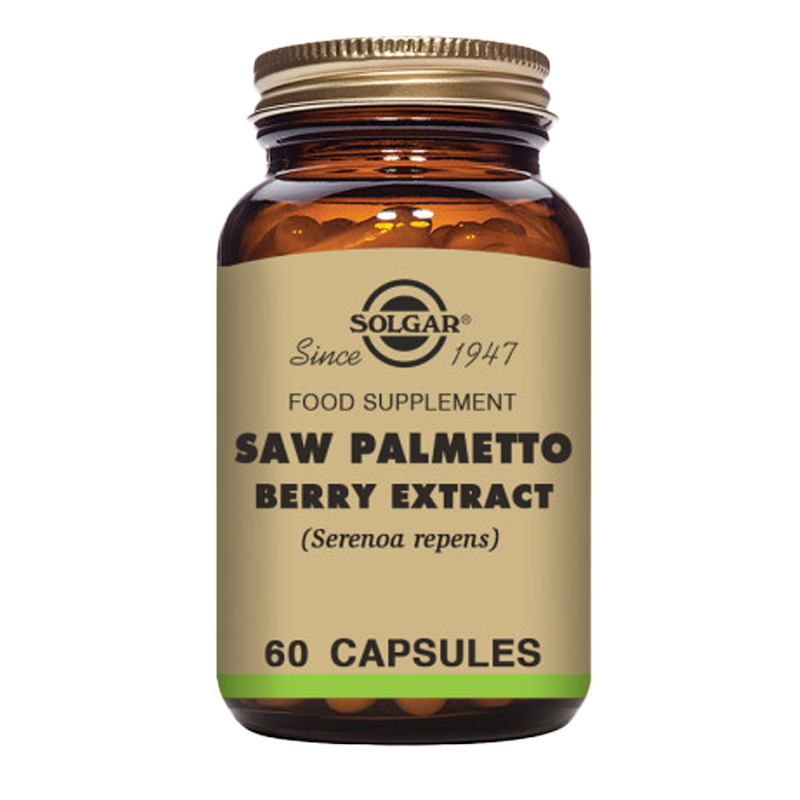 A glass bottle of Solgar Saw Palmetto Berry Extract vegetable capsules containing 60 capsules