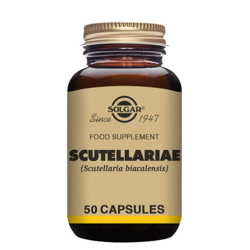 A glass bottle of Solgar Scutellariae vegetable capsules with 50 capsules inside