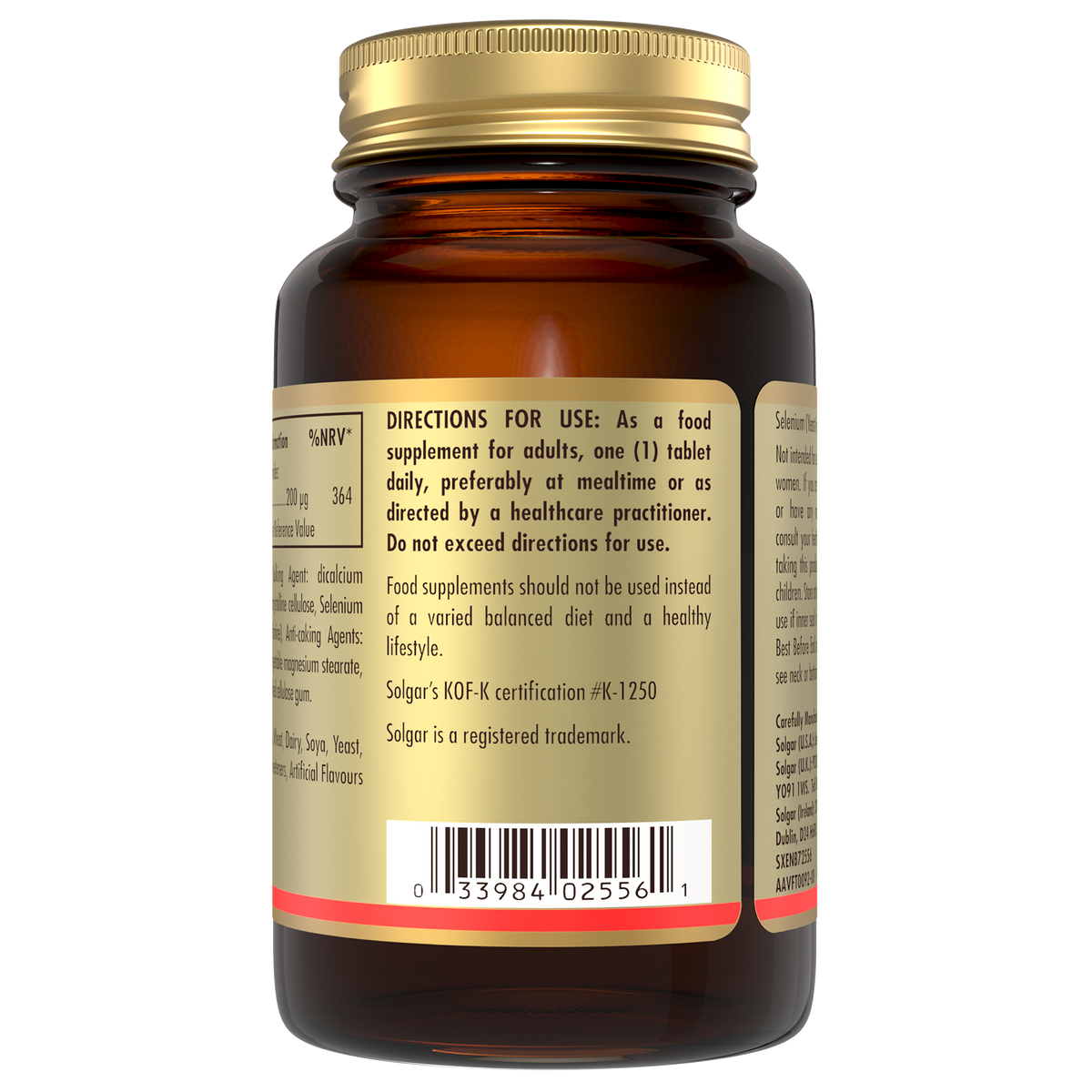 Directions for use label on a bottle of Solgar Selenium tablets