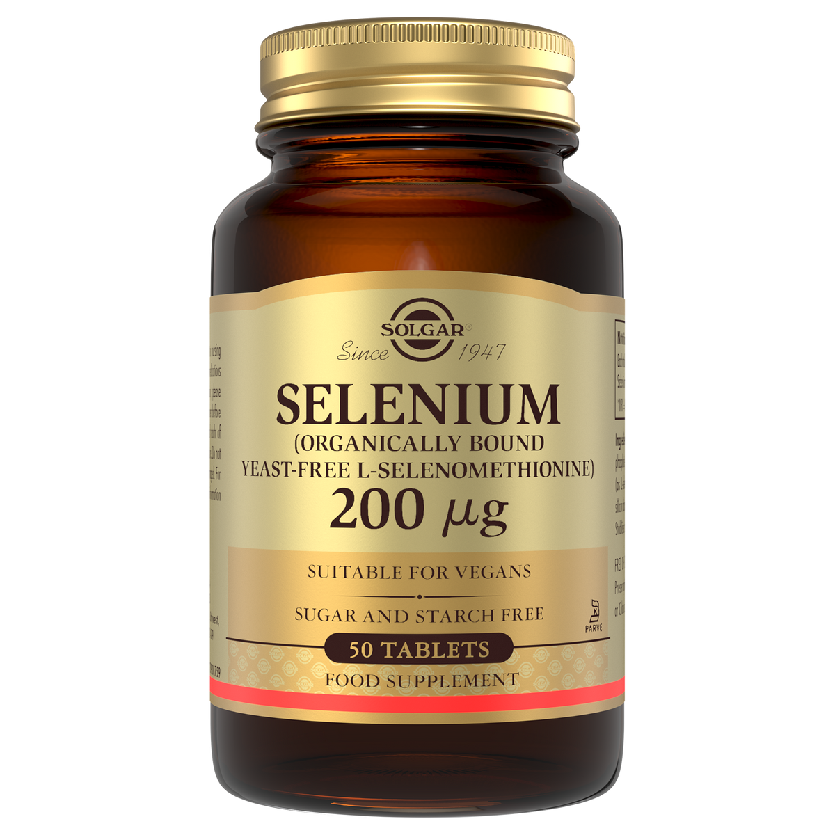 Solgar Selenium tablets in a glass bottle with a gold lid
