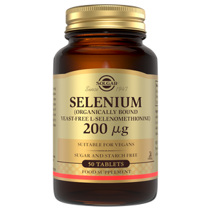Solgar Selenium tablets in a glass bottle with a gold lid