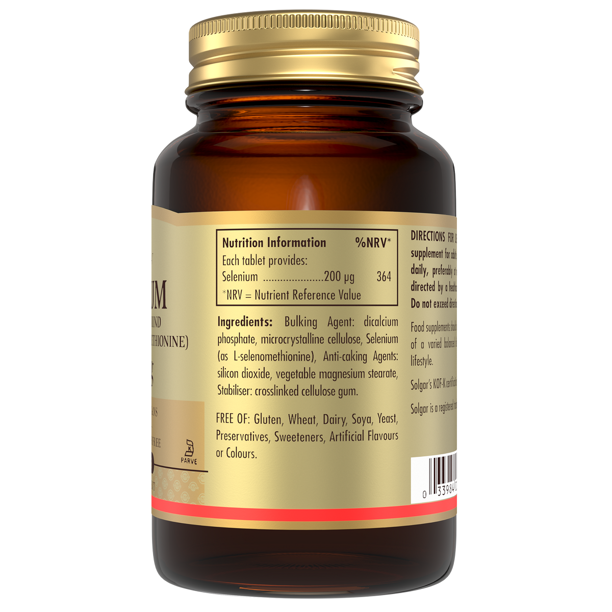 Back view of a bottle of Solgar Selenium tablets