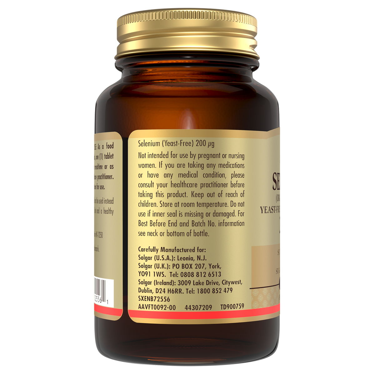 Side view of a glass bottle of Solgar Selenium tablets