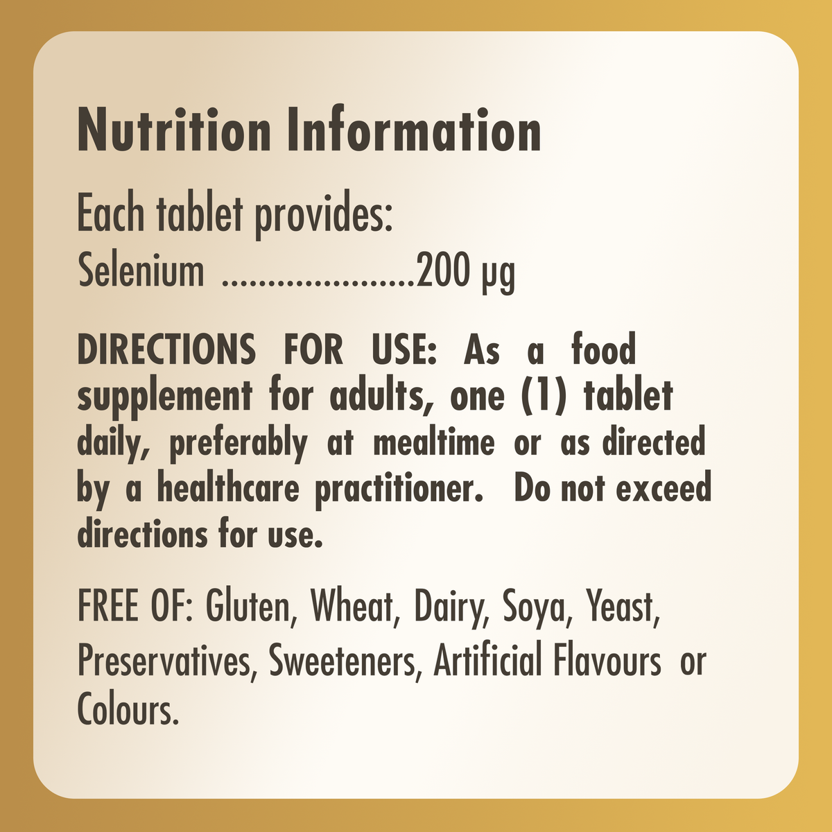Nutrition information label for a bottle of Solgar Selenium tablets