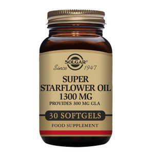 Solgar Super Starflower Oil 1300 mg Softgels in a glass bottle with a gold lid