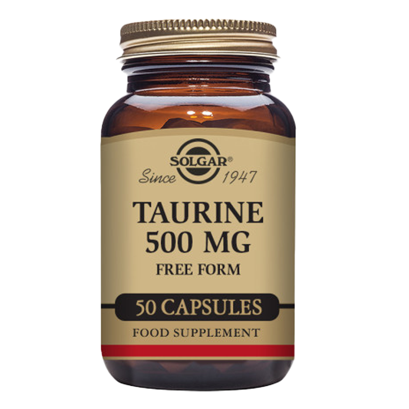 A bottle of Solgar Taurine 500 mg Vegetable Capsules with 50 capsules with a gold lid