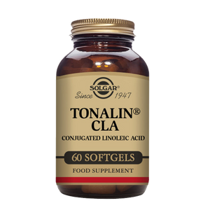 A glass bottle of Solgar Tonalin CLA Conjugated Linoleic Acid softgels, with 60 capsules inside.