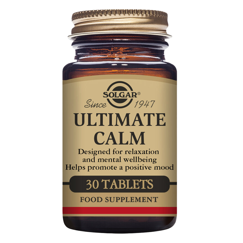 Solgar Ultimate Calm Tablets in a glass jar with a gold lid 