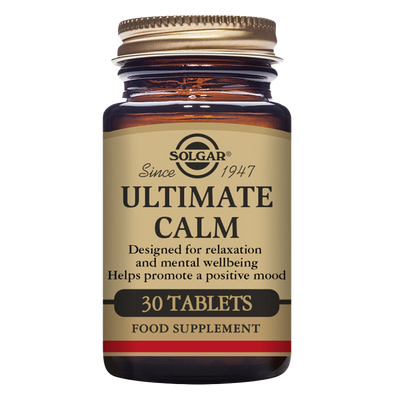 Solgar Ultimate Calm Tablets in a glass jar with a gold lid 