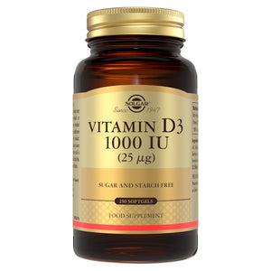 Solgar vitamin d3 1000iu softgels in a glass bottle with a gold lid