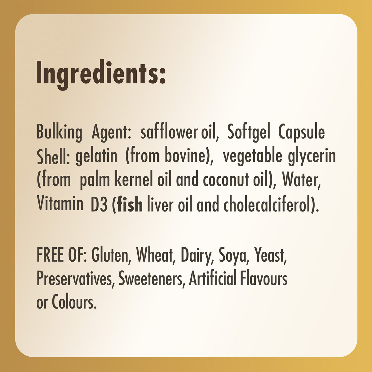 Ingredients list label for a bottle of Solgar vitamin d3 1000iu softgels