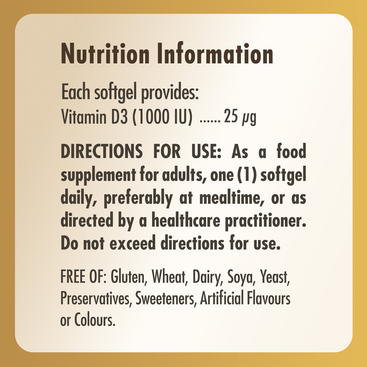 Nutrition information label for a bottle of Solgar vitamin d3 1000iu softgels