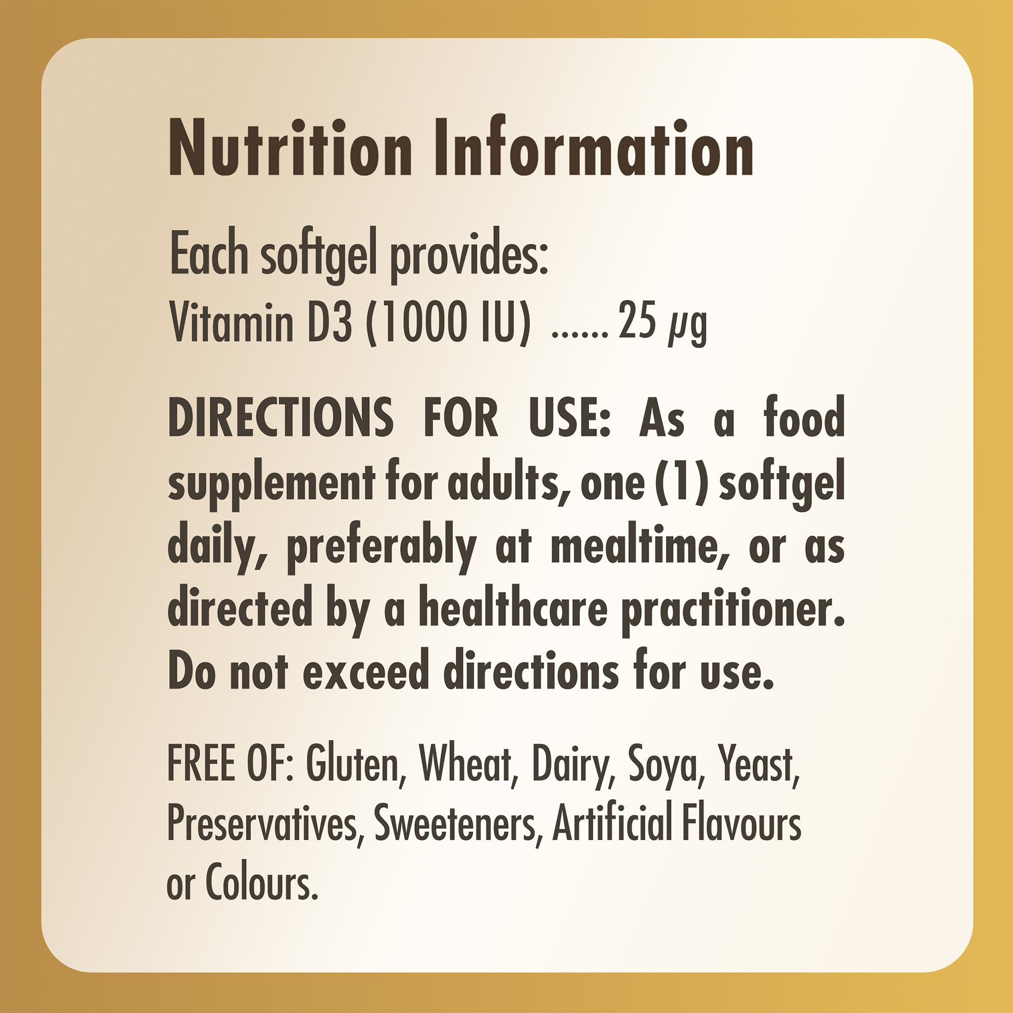 Nutrition information label for a bottle of Solgar vitamin d3 1000iu softgels