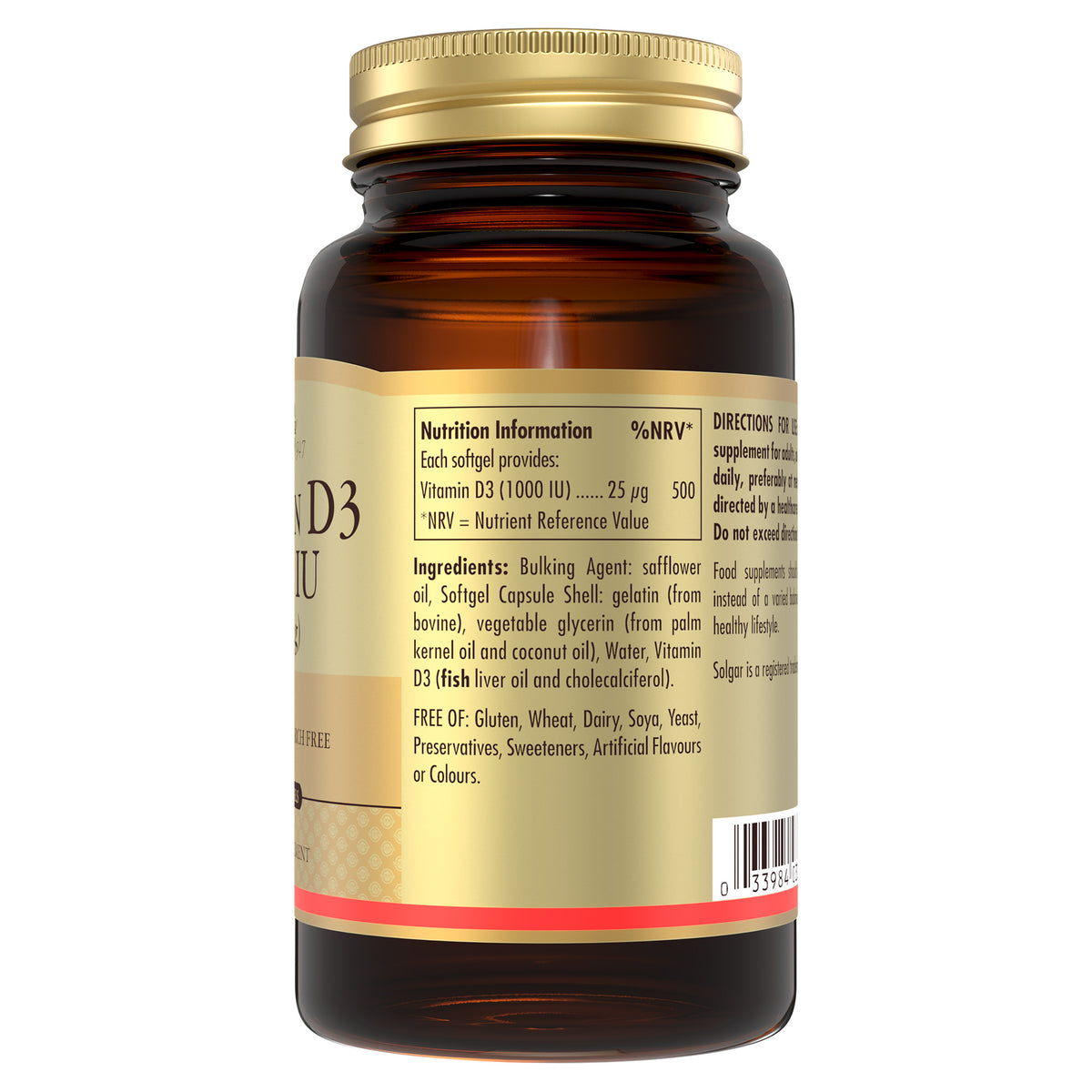 Side view of a bottle of Solgar vitamin d3 1000iu softgels