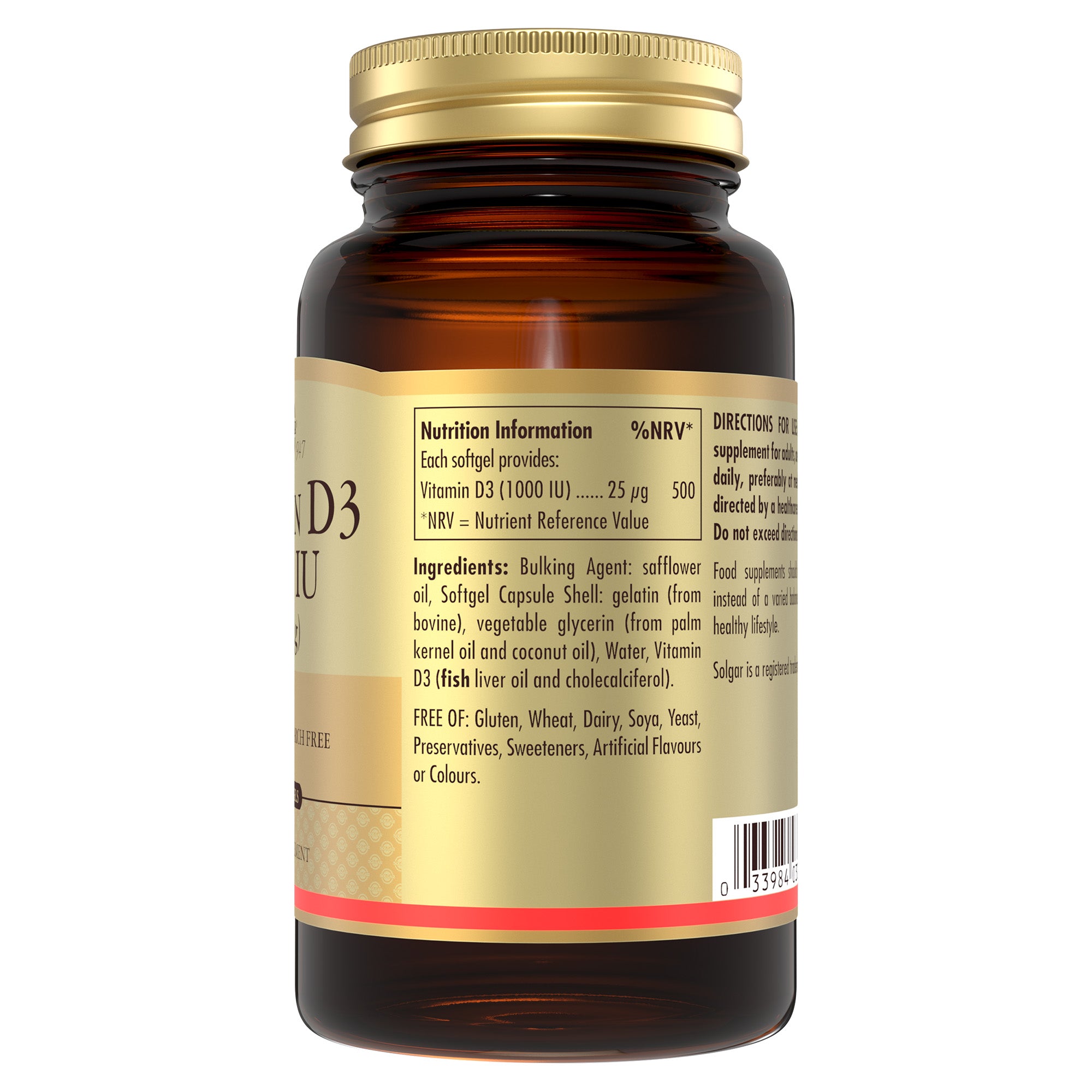 Side view of a bottle of Solgar vitamin d3 1000iu softgels