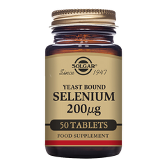 Solgar Yeast Bound Selenium 200 mcg Tablets in a glass bottle with a gold lid