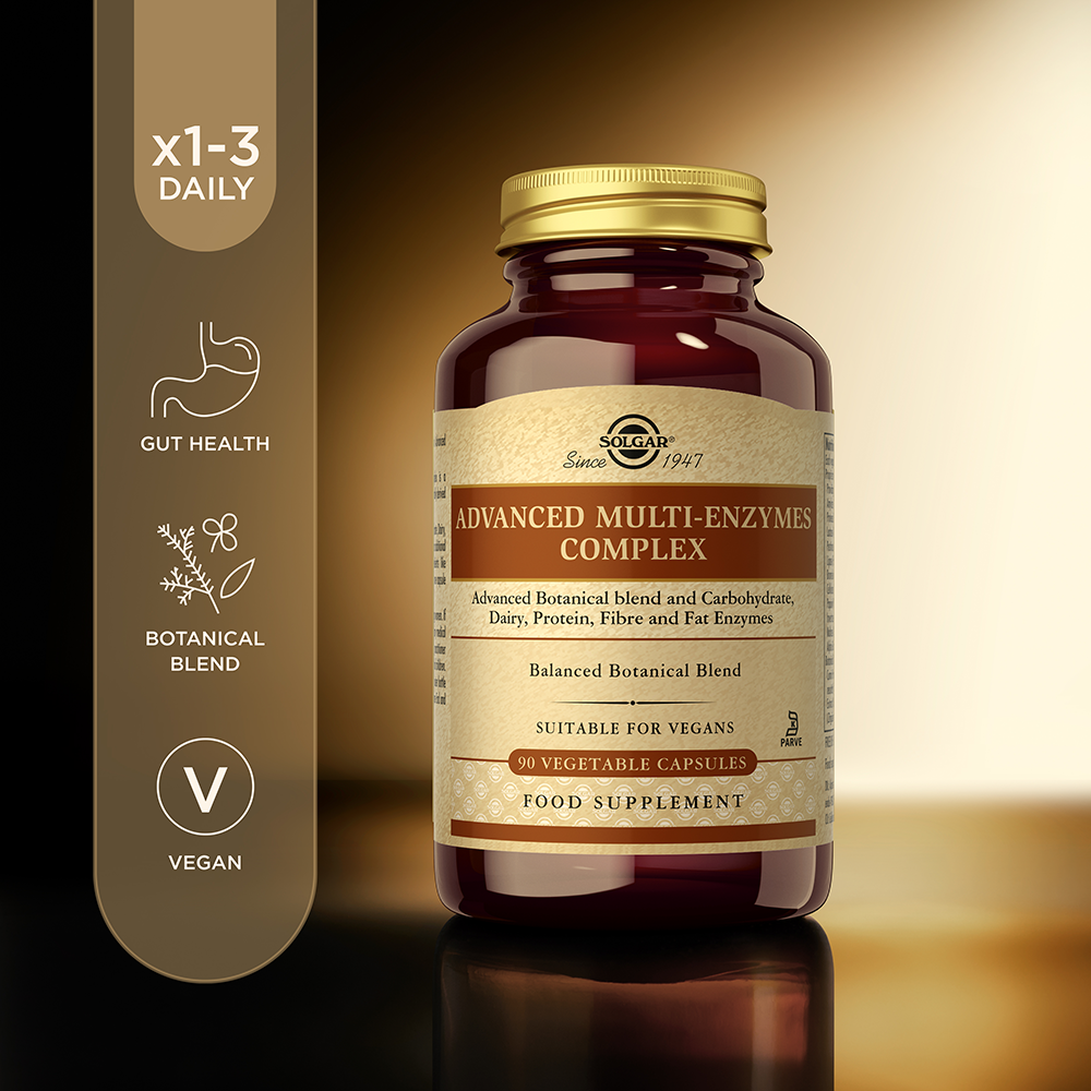 A glass bottle of Solgar Advanced Multi-Enzyme Complex vegetable capsules with a gold lid 