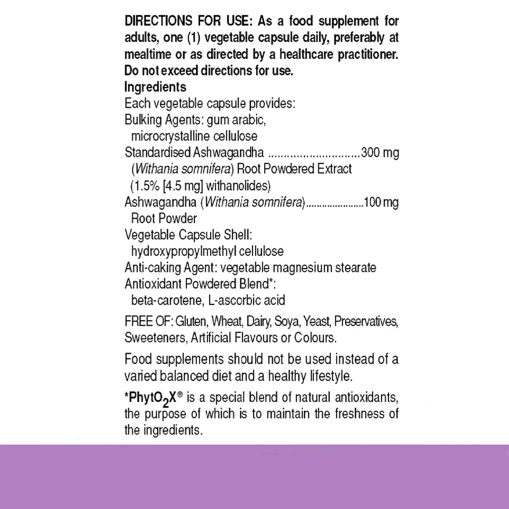 Directions for use and ingredients label for Solgar Ashwagandha Root Extract Vegetable Capsules