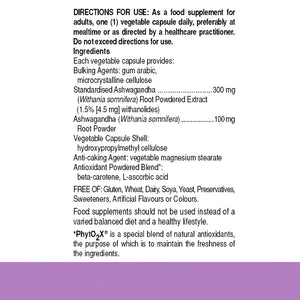 Directions for use and ingredients label for Solgar Ashwagandha Root Extract Vegetable Capsules