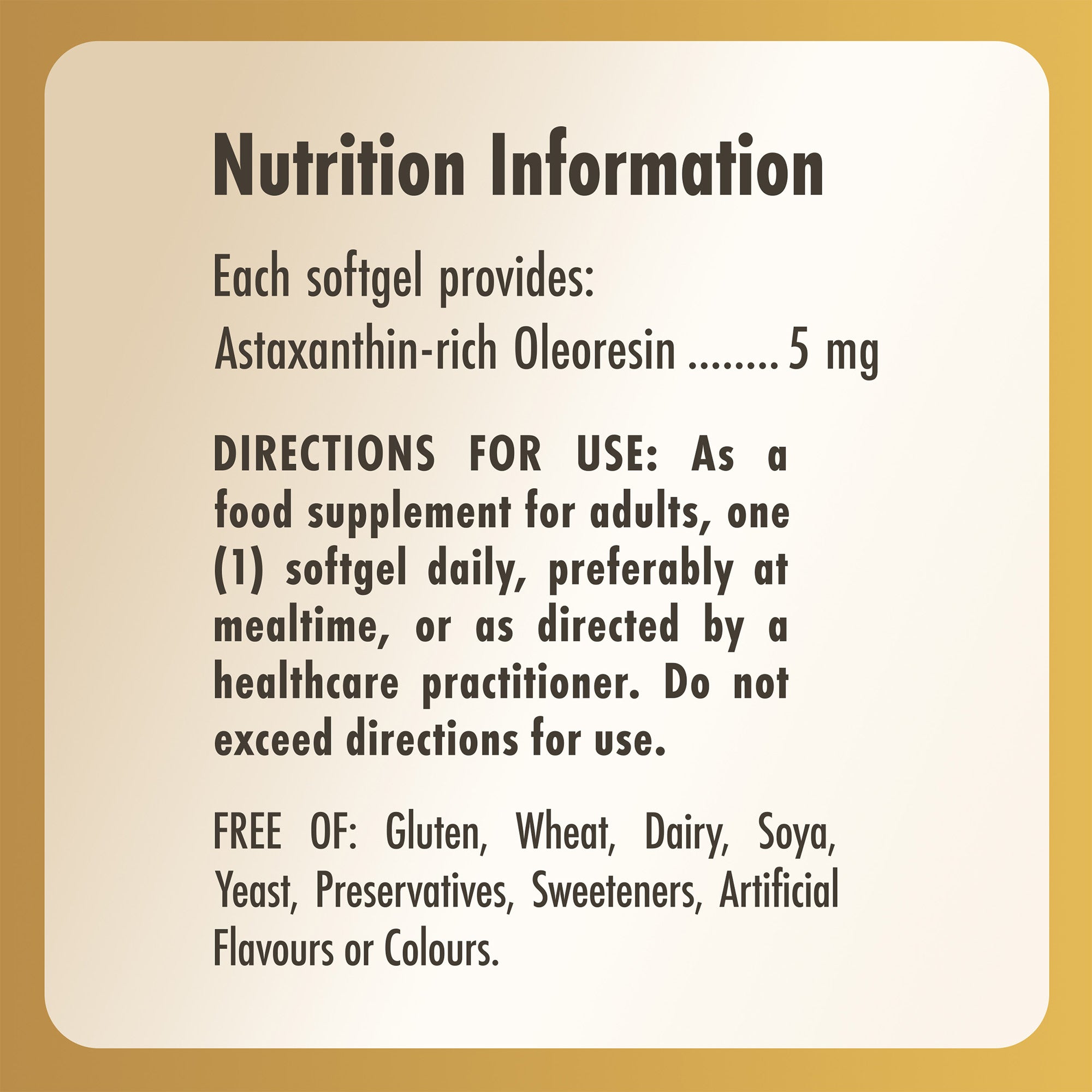 Nutrition information label for a Solgar Astaxanthin 5 mg supplement glass bottle