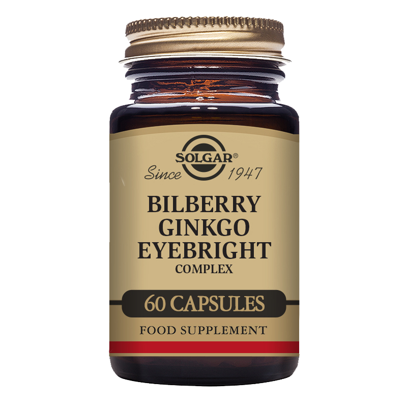 A glass bottle of Solgar Bilberry Ginkgo Eyebright Complex Vegetable Capsules with a gold lid