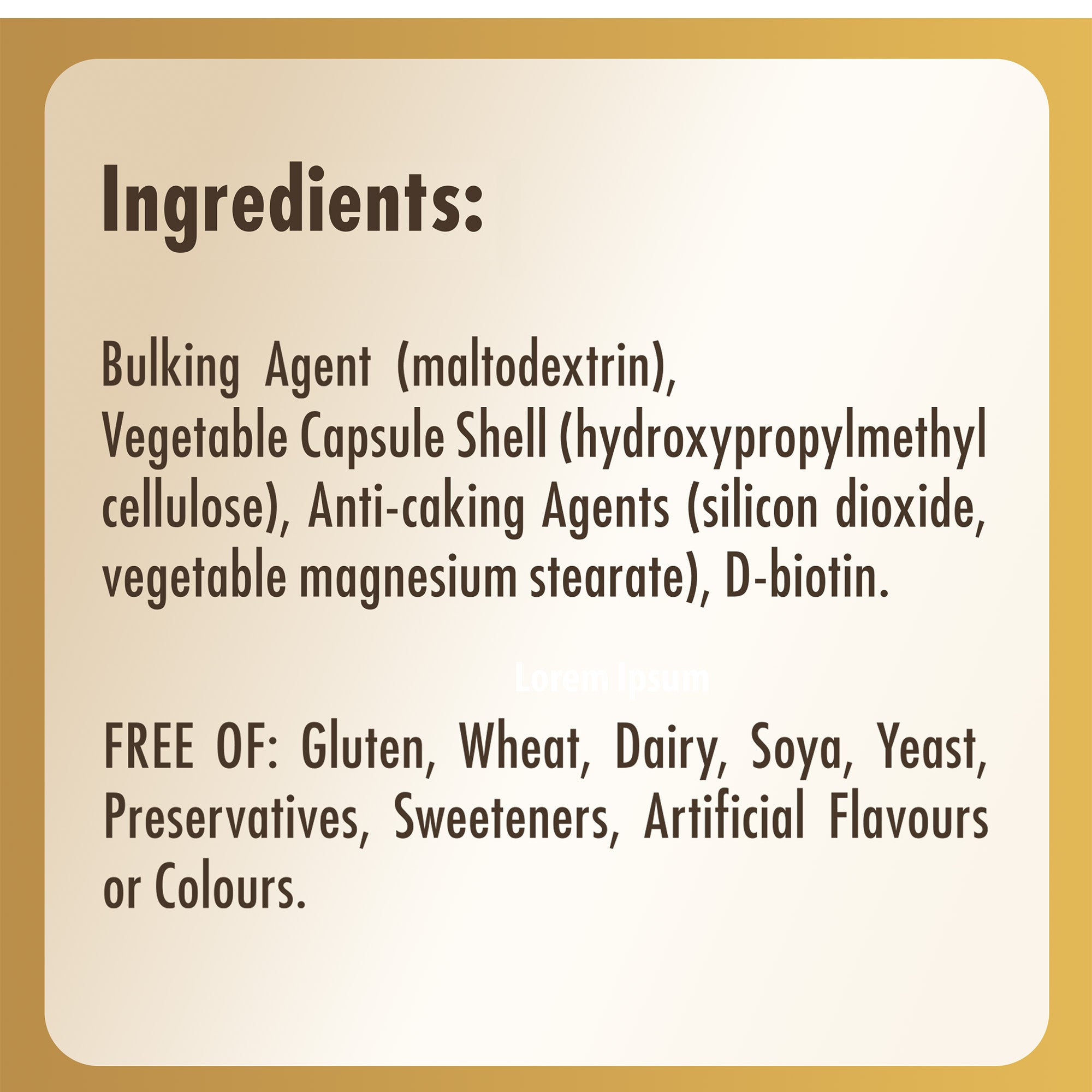 Ingredients list label for a Solgar Biotin supplement bottle